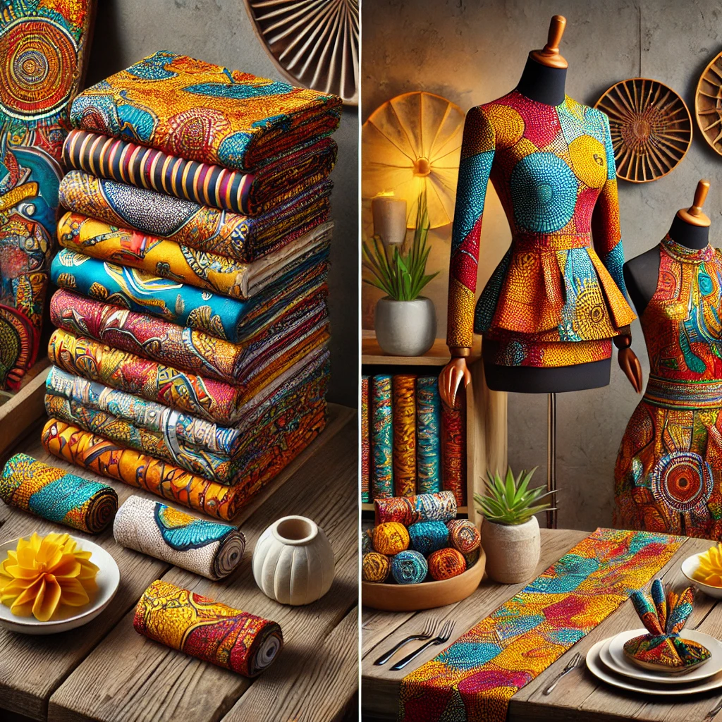 DALL·E 2024-12-27 12.40.16 - A vibrant display of Ankara fabric styled in creative ways. One section shows folded and stacked Ankara fabrics in colorful patterns, neatly arranged