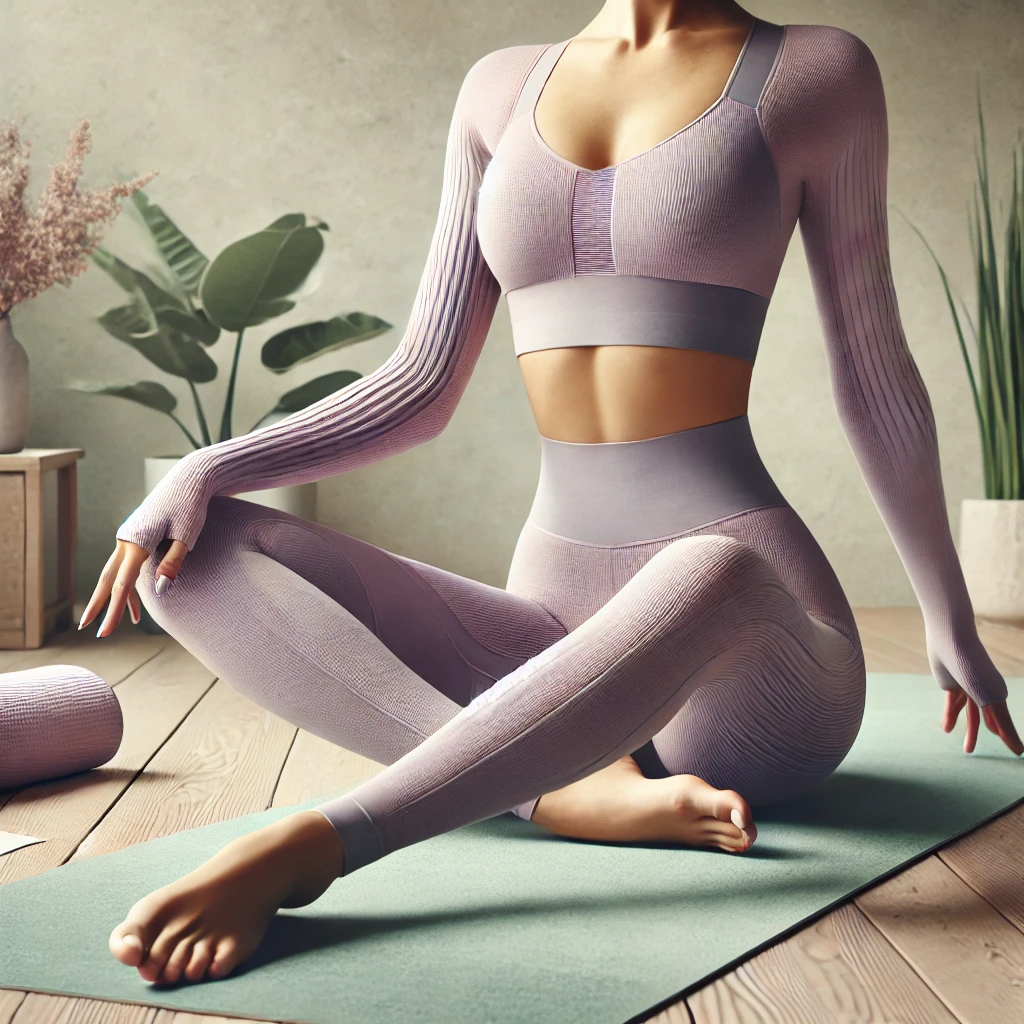 DALL·E 2024-12-27 12.43.39 - A serene and modern scene featuring a woman in a yoga pose, wearing activewear made from yoga fabric. The outfit is made of soft, stretchy, and breath