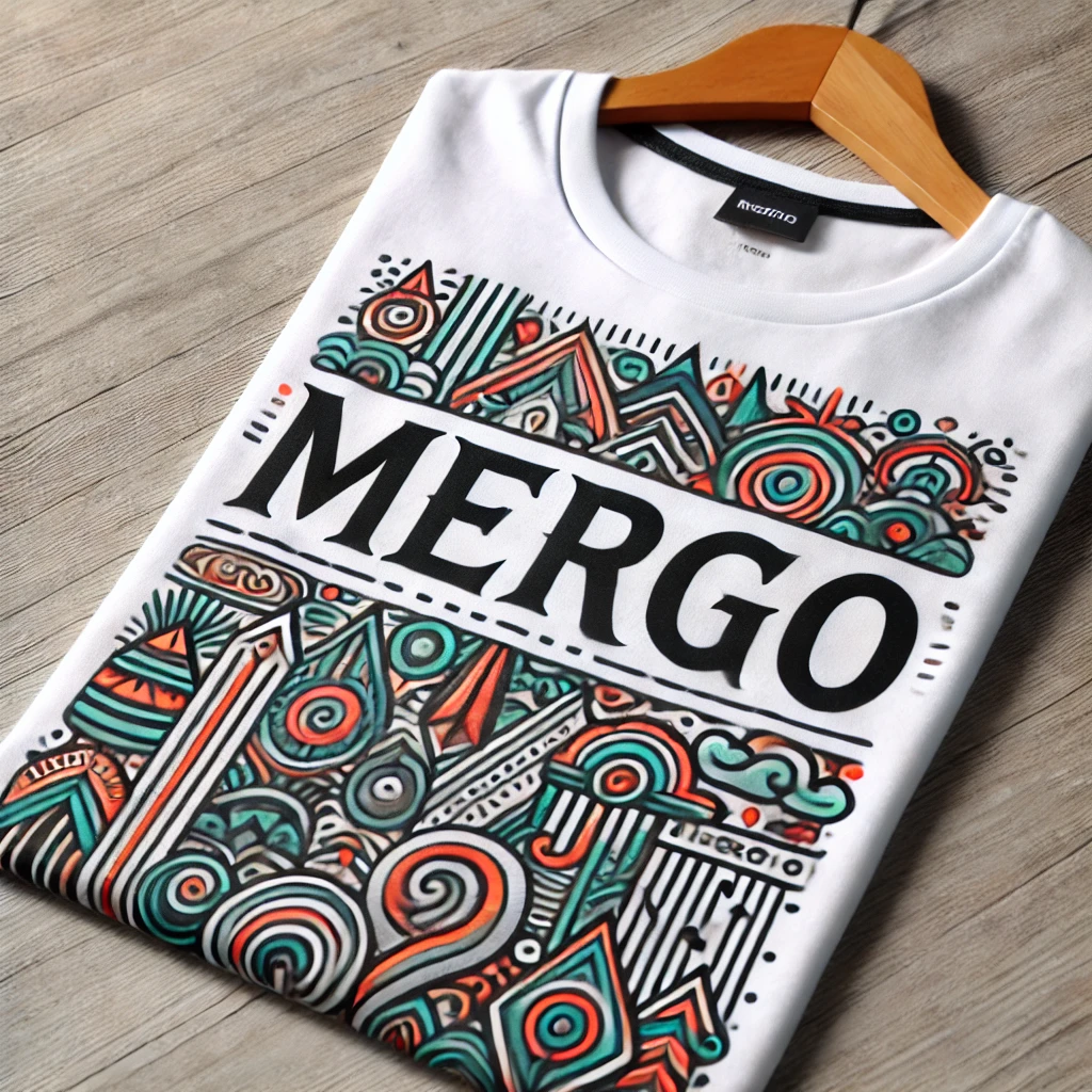 DALL·E 2024-12-27 12.53.23 - A stylish printed T-shirt featuring the name 'Mergo' in bold, creative typography across the front. The T-shirt design includes vibrant patterns or gr